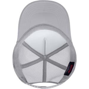 A grey 5 Panel High Crown Trucker Cap with a mesh interior and a logo on the tag.