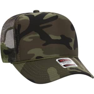 A camo-patterned 5-panel high crown trucker cap with a mesh back and a branded label on the front.