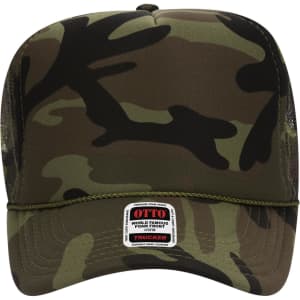 A green camo 5 Panel High Crown Trucker Cap with a foam front and a mesh back, featuring a logo.