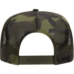 A high crown trucker cap in camouflage design, featuring a mesh back and adjustable strap. It has a logo on the back.