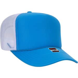 A blue 5 panel trucker hat with a white mesh back and a logo on the front.