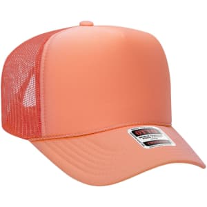 A high crown trucker cap in peach with a mesh back and a logo on the front.