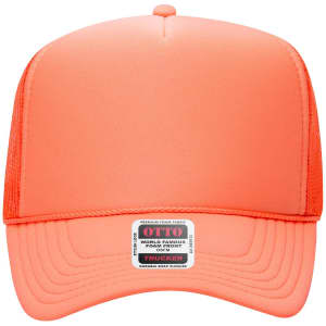 A bright coral 5 Panel High Crown Trucker Cap with a mesh back and a logo tag at the front.