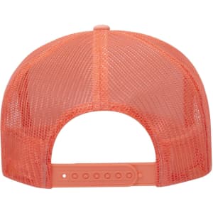 A high crown trucker cap in bright coral with a mesh back and adjustable strap.