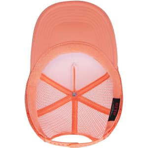 An orange 5 Panel High Crown Trucker Cap with a mesh interior and an adjustable snapback. It features a logo.