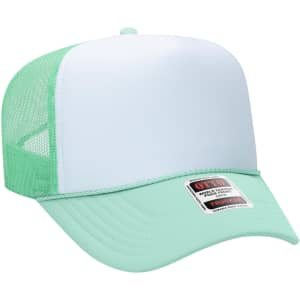 A 5 panel high crown trucker cap featuring a mint green brim and mesh back, with a white front panel and logo.