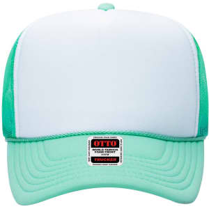 A mint green and white 5 Panel High Crown Trucker Cap with a branded label at the front.