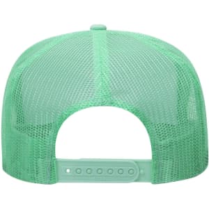 A green 5 Panel High Crown Trucker Cap featuring a mesh back and adjustable strap, with a logo on the side.