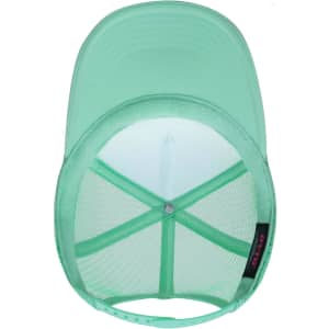 A mint green 5 Panel High Crown Trucker Cap with a mesh back and adjustable closure. It features a logo on the inside.