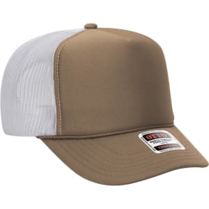 A high crown trucker cap featuring a brown front and white mesh back, with a logo on the side.