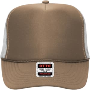 A high crown trucker cap in brown with a mesh back and branded label on the front.