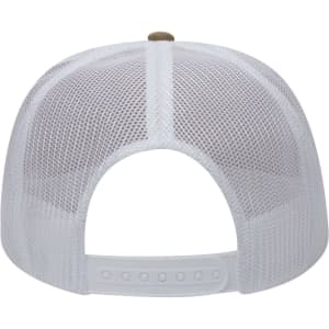 A white 5 Panel High Crown Trucker Cap featuring a mesh back and an adjustable strap. It includes a branding logo.