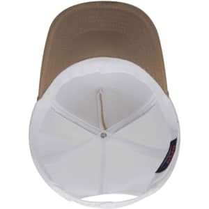 A high crown trucker cap featuring a tan exterior and a white interior, equipped with a logo on the side.