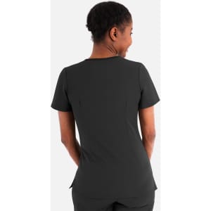 A black women's layered V-neck top, featuring short sleeves and a tailored fit. The back view highlights its sleek design.