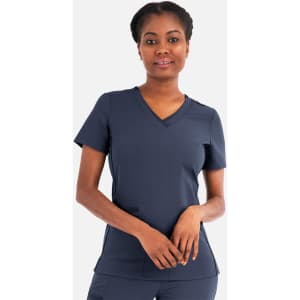 A women's navy V-neck top with short sleeves, featuring a fitted design and a logo detail.