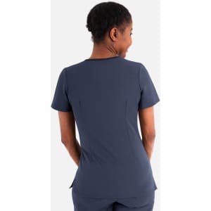 A women's layered V-neck top in navy, featuring a fitted design and short sleeves, with a logo on the back.