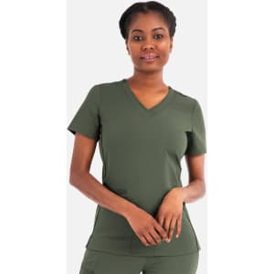 A women's layered v-neck top in olive green, featuring short sleeves and a fitted design. The top has a logo.