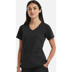 A black women's V-neck top featuring metallic detail and two front pockets, designed for comfort and style.