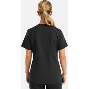 A women's black curve V-neck top featuring short sleeves and a sleek design. The top includes a branding logo.