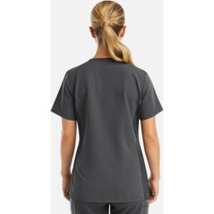 A grey women's top featuring a V-neck design and short sleeves, with a sleek modern cut and subtle metallic detail.