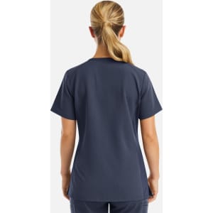A women's short-sleeve v-neck top in navy, featuring a sleek design and a logo.