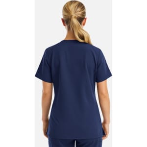 A navy V-neck top with short sleeves, featuring a sleek design and a logo on the back.