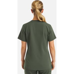 A women's green V-neck top featuring a back view, made from a smooth fabric with a fitted design.