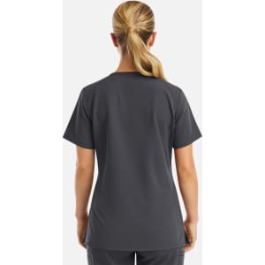 A women's curve V-neck top in grey, featuring short sleeves and a simple design. It has a logo on the back.