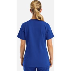 A women's blue V-neck top featuring a curved design and short sleeves, with a logo on the back.