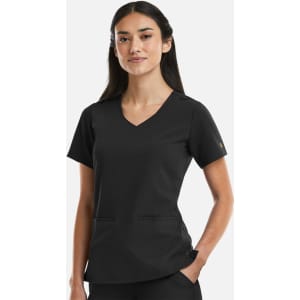 A black curved V-neck top for women with short sleeves and two front pockets, featuring a logo on one sleeve.