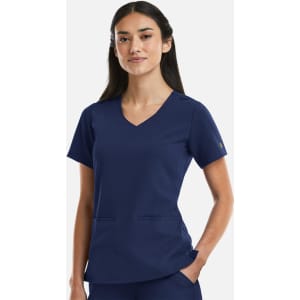 A women's curved V-neck top in navy blue, featuring short sleeves and front pockets, with a logo on the sleeve.