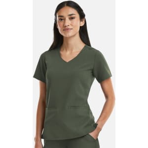 A women's curved V-neck top in olive green, featuring short sleeves and two front pockets. Includes a logo.