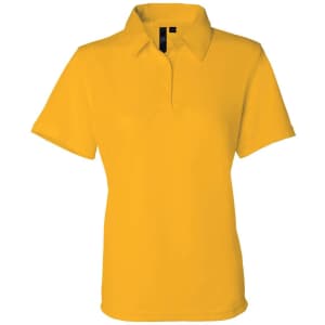 A yellow polo shirt featuring a classic collar and a branding logo. Ideal for casual wear or promotional use.