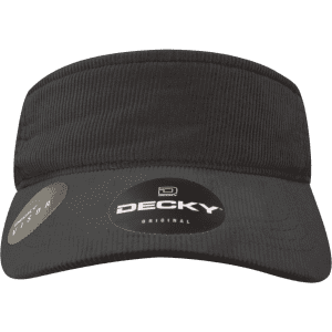 A black visor with a textured design and a logo, featuring a wide brim for sun protection.