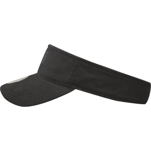 A black visor made from corduroy, featuring a curved peak and a band at the back, with a logo on the front.