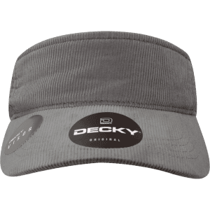 A grey corduroy visor featuring a logo and a sleek design. The product has a textured fabric finish.