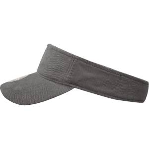 A grey visor with a wide brim and a textured fabric, featuring a logo on the front.
