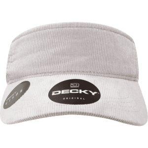 A white corduroy visor with a branded tag, featuring a wide brim and an adjustable strap at the back.