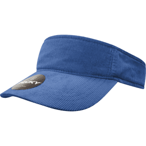 A blue visor with a wide brim and an attached logo. The fabric appears textured.