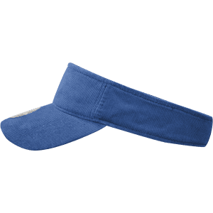 A blue visor featuring a wide brim and textured fabric, with a logo on the front.