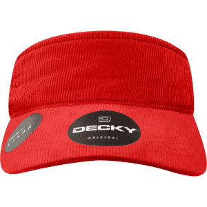 A red corduroy visor with a branded logo on the front and a circular tag on the side.