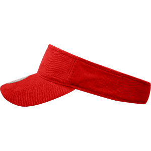 A red corduroy visor with a wide brim and an adjustable band. It features a logo on the front.