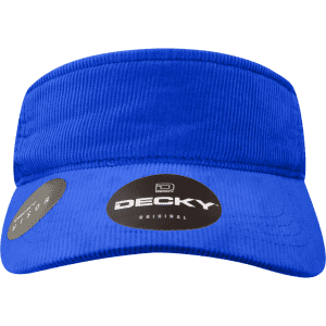 A blue visor with a textured fabric and a logo on the front, featuring a wide brim and an adjustable band.