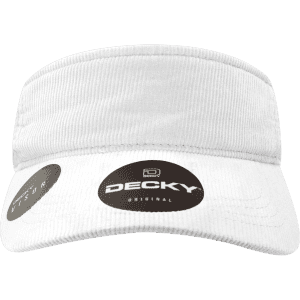 A white visor with a wide brim and a logo on the front, featuring a textured fabric design.
