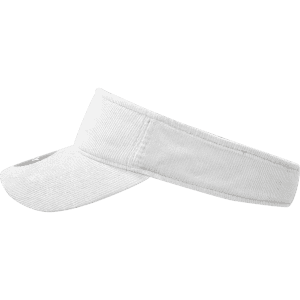 A white visor with a wide brim, featuring a textured fabric and a logo. Perfect for sunny days.