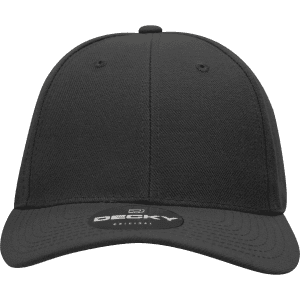 A black high-profile structured fitted cap with a branded logo on the front.