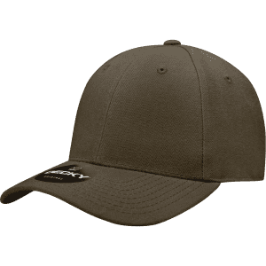 A brown fitted cap with a curved brim and a tag attached, featuring a logo on the front.