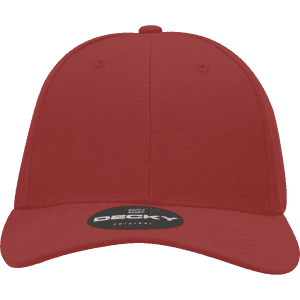 A red high-profile structured fitted cap with a branded logo on the front.