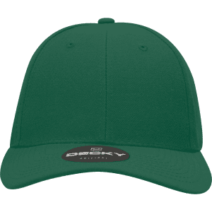 A green high-profile structured fitted cap featuring a branded logo on the front.