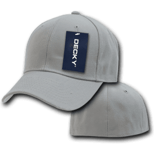 A grey fitted cap featuring a structured design and a logo tag.